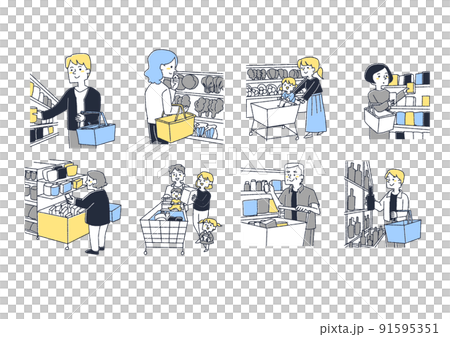 スーパーマーケットで買い物する人々のセット　コミカルな手書きの素材　ベクター、温かみのある線画 91595351