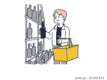 ワインをセレクトする男性　スーパーマーケットで買い物する人々 91595353