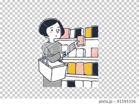 女性一邊看智能手機上的購物清單一邊購物 人們在超市購物 91595356