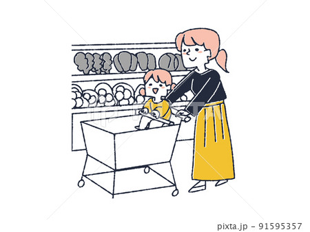 子供が乗れるカートを押して買い物する女性　スーパーマーケットで買い物する人々 91595357