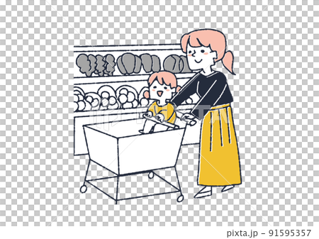 Women who shop by pushing carts where children can ride People who shop at supermarkets 91595357