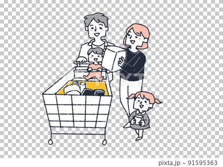 Family shopping by pushing a big cart People shopping at a supermarket 91595363