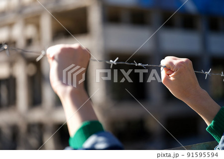 Female hands holding security barbedwire fence, wire with clusters of short, sharp spikes 91595594