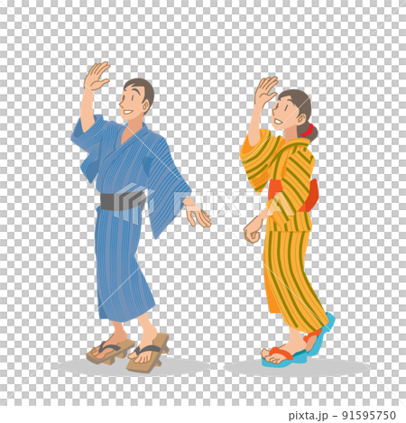 浴衣を着て盆踊りを踊る夫婦 91595750