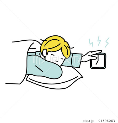 朝起きて目覚まし時計を止める朝が辛い様子の男性のイラスト 朝起きて目覚まし時計を止める朝が辛い様子の男性のイラスト 91596063