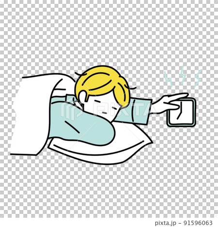 朝起きて目覚まし時計を止める朝が辛い様子の男性のイラスト 朝起きて目覚まし時計を止める朝が辛い様子の男性のイラスト 91596063