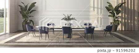 Luxury dining room with sun light and nature view . Table with service and plants. 3d render illustration interior design. Web banner. Luxury dining room with sun light and nature view . Table with service and plants. 3d render illustration interior design. Web banner. 91596202