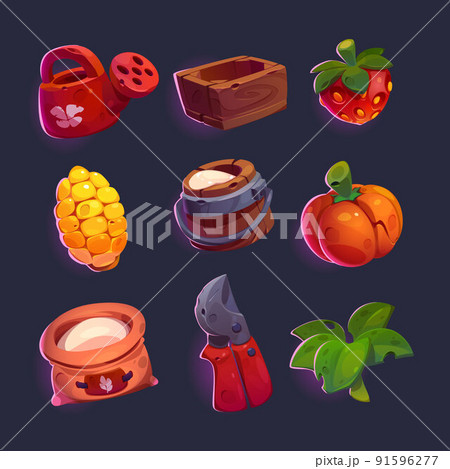 Set of game icons, gardening and farm elements Set of game icons, gardening and farm elements 91596277