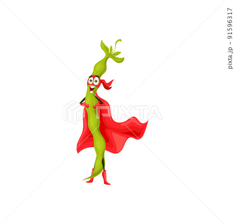 Emoticon of kidney bean superhero in red cape and mask legume pod isolated cartoon character. Vector kidney bean comic superfood hero vegetarian food, healthy vegetable in pods, children kids hero 91596317