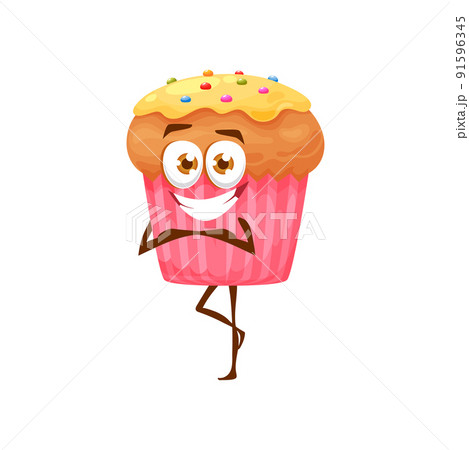 Funny cartoon cake character, cute vector bakery mascot, cupcake or confectionery with big eyes and sprinkles staing on one leg. Sweet dessert food happy character 91596345