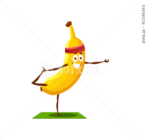 Banana isolated exotic yellow fruit in sport band on head doing fitness pilates stretching on mat. Vector tropical food, vegetarian dessert active workout, hobby healthy lifestyle of cartoon character 91596363