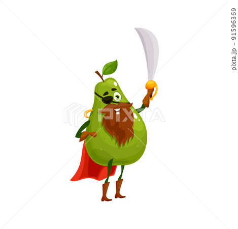 Pear or green tropical guava fruit pirate or buccaneer isolated funny cartoon characters. Vector playful corsair in cloak, with eye patch and sword, bearded juicy pear kids children emoji Pear or green tropical guava fruit pirate or buccaneer isolated funny cartoon characters. Vector playful corsair in cloak, with eye patch and sword, bearded juicy pear kids children emoji 91596369
