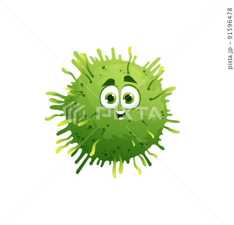 Cartoon coronavirus character vector green funny cell of covid19 virus, bacteria or germ with smiling face, big eyes and outgrowths. Pathogen microbe monster, isolated corona mascot, cute personage 91596478