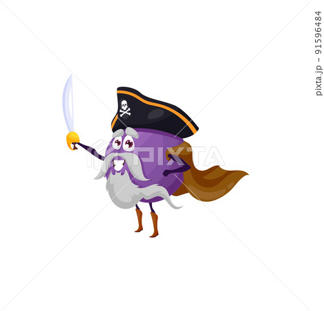 Pirate emoticon plum or fig purple tropical fruit isolated berry cartoon character. Vector exotic food dessert, ripe summer cluster or sycamore fig. Fruit corsair buccaneer in captain hat and sword 91596484