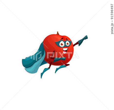 Flying plum fruit cartoon superhero character, isolated vector super hero personage in cape, boots, gloves and mask fly with raised arm. Funny fairytale healthy food, smiling plant with big eyes 91596497