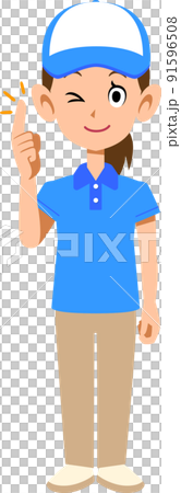 A gesture to explain with the index finger of a female staff member wearing a short-sleeved polo shirt and a hat 91596508