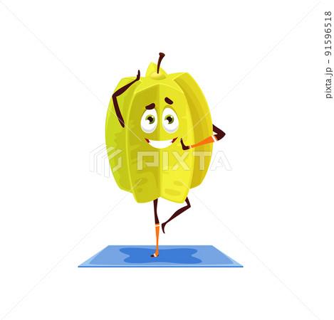 Starfruit isolated carambola star fruit doing fitness or pilates on yoga mat isolated cartoon emoticon. Vector smiling character, ripe dessert, star-apple. Healthy sportive golden-yellow juicy fruit 91596518