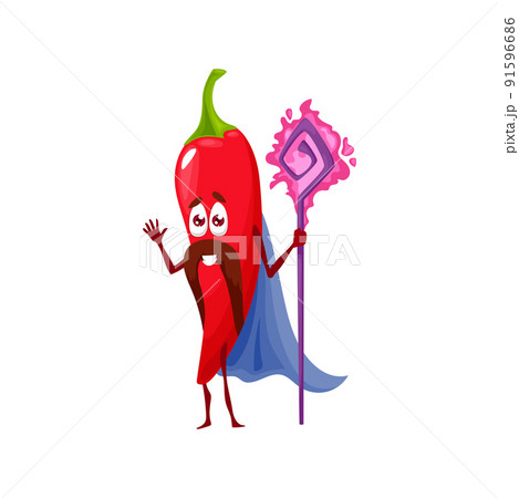 Cartoon red chili pepper magician character, vector funny veggie . Kids funny cute vegetable, hot chilli pepper as wizard or sorcerer with magic wand or power stick 91596686