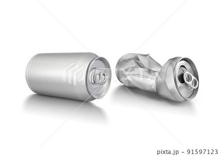 Crumpled empty blank soda and beer can garbage, Crushed junk can can recycle isolated on white background 91597123