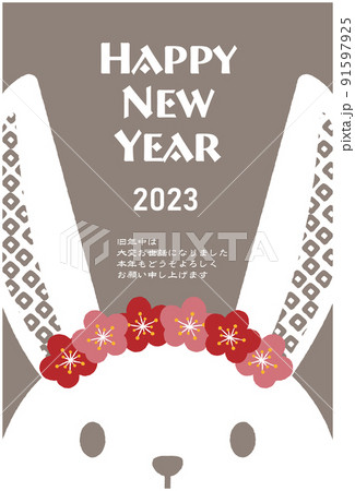 2023年卯年の年賀状 梅の花冠を頭に載せたうさぎのイラスト 2023年卯年の年賀状 梅の花冠を頭に載せたうさぎのイラスト 91597925