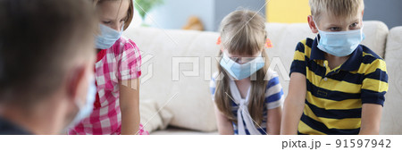 Children wearing face mask, virus spread in kindergarten, friends got sick 91597942