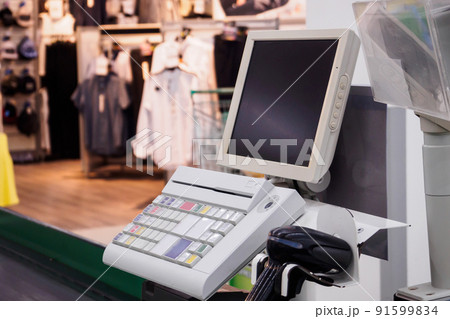 supermarket cash desk checkout counter payment terminal with blank computer monitor screen supermarket cash desk checkout counter payment terminal with blank computer monitor screen 91599834