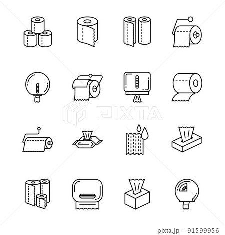 Toilet and Tissue Paper Black Thin Line Icons Set. Vector illustration of Icon Roll Hanging on Wall Holder and Antibacterial Napkin Toilet and Tissue Paper Black Thin Line Icons Set. Vector illustration of Icon Roll Hanging on Wall Holder and Antibacterial Napkin 91599956