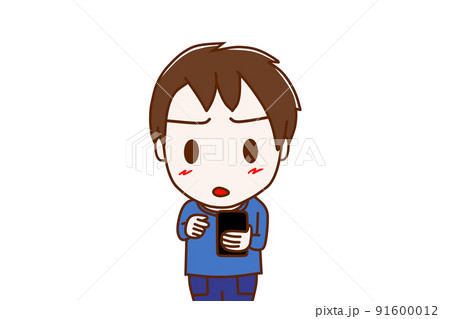 上半身正面 スマホの画面を見て操作し 不審に思って眉をひそめる少年のイラスト素材