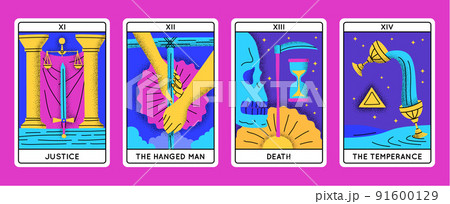 Cartoon Color Magical Tarot Cards Major Arcana Set Concept Flat Design Style Include of Justice, Hanged Man, Death and Temperance. Vector illustration Cartoon Color Magical Tarot Cards Major Arcana Set Concept Flat Design Style Include of Justice, Hanged Man, Death and Temperance. Vector illustration 91600129