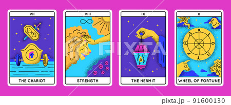 Cartoon Color Magical Tarot Cards Major Arcana Set Concept Flat Design Style Include of Chariot, Hermit, Strength and Wheel of Fortune. Vector illustration 91600130