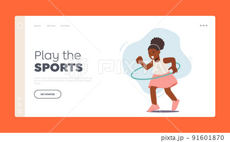 Child Happy Recreation, Sport Landing Page Template. Funny African Girl Playing with Hula Hoop. Kid Rolling Ring Child Happy Recreation, Sport Landing Page Template. Funny African Girl Playing with Hula Hoop. Kid Rolling Ring 91601870