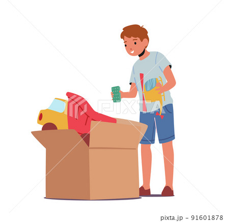 Little Boy Taking Toys from Big Carton Box. Child Character Playing Activity Isolated on White Background. Infant Games 91601878