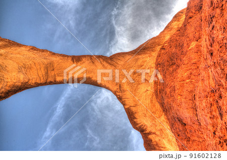 bottom up view Abstract Rock formation at plateau Ennedi aka Aloba arch in Chad 91602128