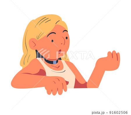 Blond Talking Woman Sitting in Back Seat of Car Traveling as Passenger Looking in Window Vector Illustration 91602506