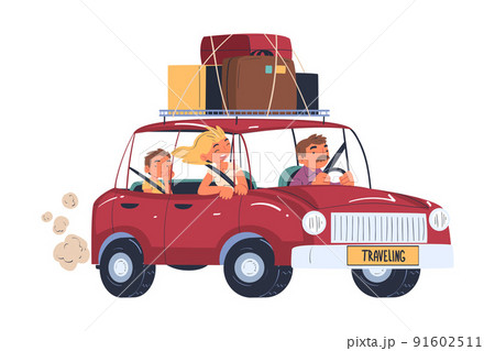 Young Parent with Kid Traveling by Car with Luggage Trunks on Roof Having Trip on Vacation Vector Illustration Young Parent with Kid Traveling by Car with Luggage Trunks on Roof Having Trip on Vacation Vector Illustration 91602511