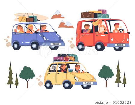 People Characters Traveling by Car with Luggage Trunks on Top Having Trip on Vacation Vector Set People Characters Traveling by Car with Luggage Trunks on Top Having Trip on Vacation Vector Set 91602523