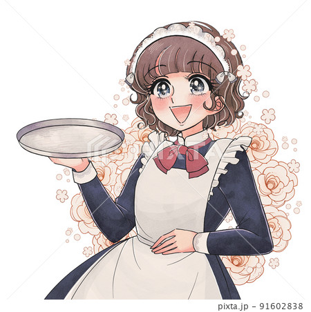 少女漫画風イラスト素材・おぼんを持つかわいいメイドさん 91602838