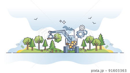 Cutting down forests as using deforestation for wood resource outline concept 91603363