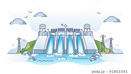 Hyro energy plant or hydroelectricity for power production outline concept Hyro energy plant or hydroelectricity for power production outline concept 91603391