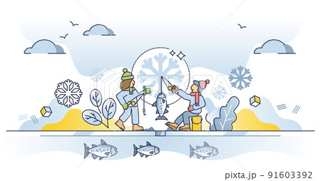Ice fishing hobby as catching fish in seasonal winter time outline concept Ice fishing hobby as catching fish in seasonal winter time outline concept 91603392