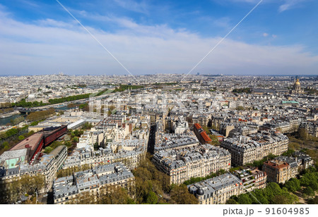 Aerial view of Paris city and Seine river from Eiffel Tower. France. April 2019 91604985