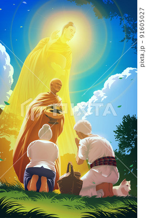 a monk is giving a blessing to an old man and old woman for their offering alms to a monk with the image of Gautama Buddha behind 91605027