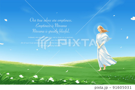 a female layperson in practitioner suit practicing movement meditation to sweep away passions 91605031
