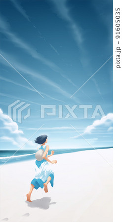 a young woman running on a white sand beach with the background of a beautiful blue sky and clouds 91605035