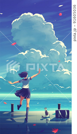 a japanese high school girl is performing a dance for a stray cat at the habour with the background of a beautiful blue sky with big clouds a japanese high school girl is performing a dance for a stray cat at the habour with the background of a beautiful blue sky with big clouds 91605036