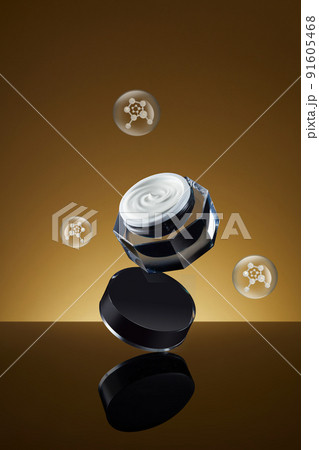 Front view of flying cosmetic jar with chemical compound brown background Front view of flying cosmetic jar with chemical compound brown background 91605468