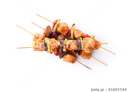 Tasty chicken shashlik isolated on white background Tasty chicken shashlik isolated on white background 91605594