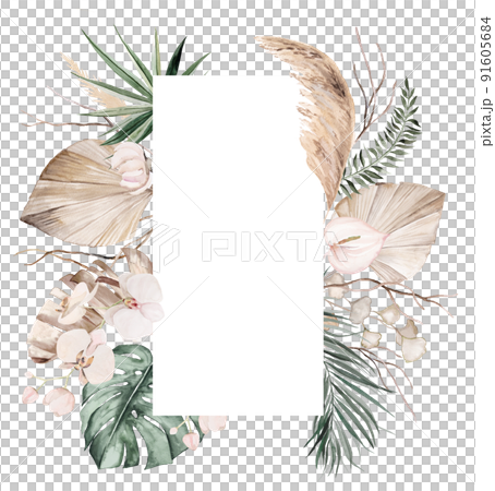Wedding boho Watercolor frame with beige and teal green tropical leaves and orchid flowers illustration 91605684