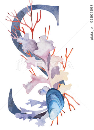Blue capital letter S decorated with watercolor seaweeds, corals and seashells illustration. Blue capital letter S decorated with watercolor seaweeds, corals and seashells illustration. 91605698