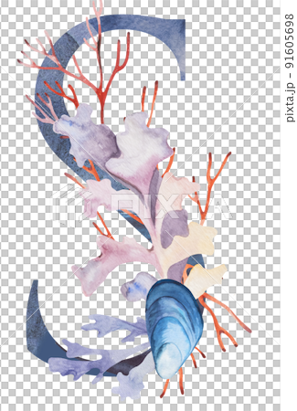 Blue capital letter S decorated with watercolor seaweeds, corals and seashells illustration. Blue capital letter S decorated with watercolor seaweeds, corals and seashells illustration. 91605698